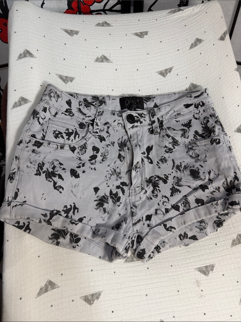 Gray Denim Shorts with Black Floral Print s